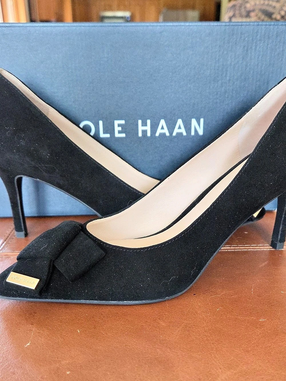 Cole Haan Ina  Bow Pointed Toe Pump Black Suede